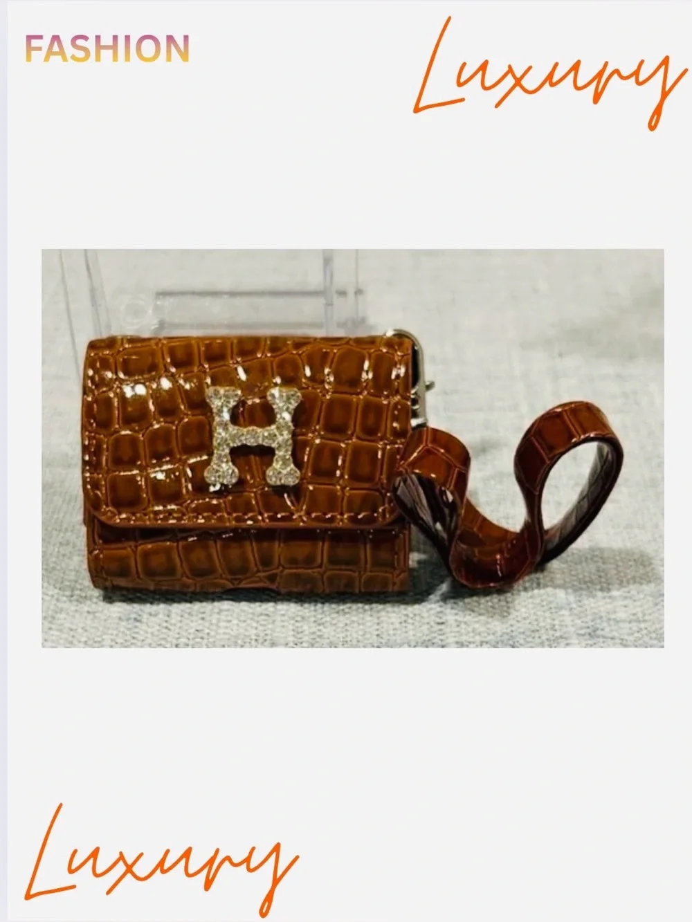 AIRPODS CASE: Crocodile Embossed Brown w/Golden Monogram, NWOT